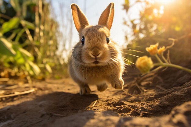 een konijn rent door de modder