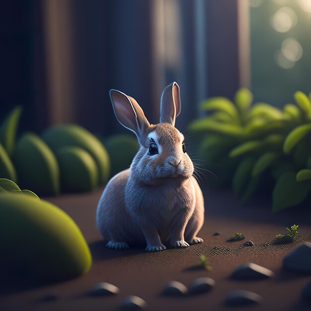 Een konijn staat op een zanderige ondergrond met groene planten op de achtergrond.