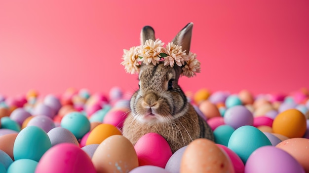 Een konijn versierd met een bloemenkroon tussen paaseieren in een evenement met een magenta-thema