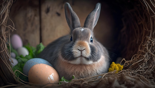 Een konijn zit in een nest met een nest vol eieren.