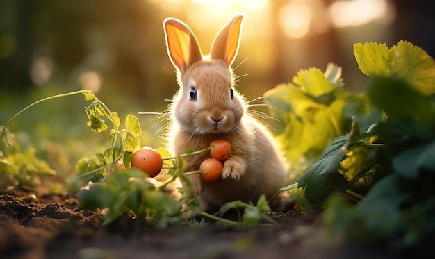 een konijn zit in een veld van bloemen en kijkt naar de camera