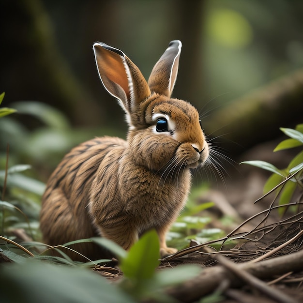 Foto een konijn zit in het bos met zijn oren omhoog.