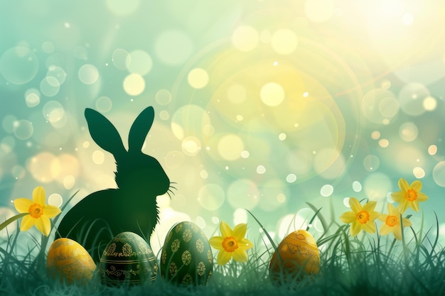 Foto een konijn zit in het gras bij een stapel eieren pasenviering plaats voor tekst generatieve ai