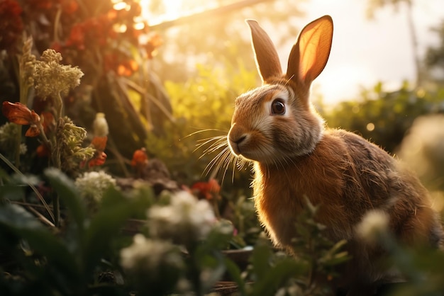 Een konijn zit in het gras op een open plek