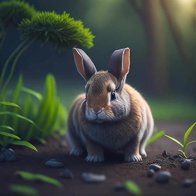 Een konijn zit in het vuil met stenen op de achtergrond.