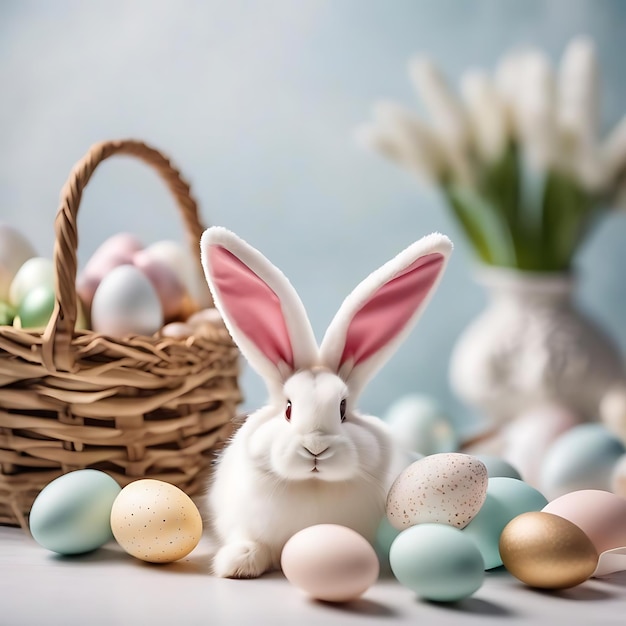 een konijn zit naast een mand met eieren.