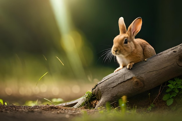 Een konijn zit op een boomstam in het gras