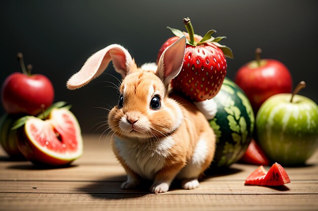Een konijn zit tussen de watermeloenappel en de aardbei en geniet van heerlijk eten