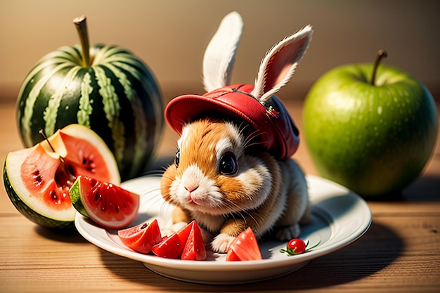 Een konijn zit tussen de watermeloenappel en de aardbei en geniet van heerlijk eten