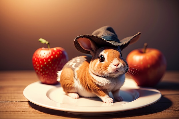 Een konijn zit tussen watermeloen, appel en aardbeien en geniet van heerlijk eten