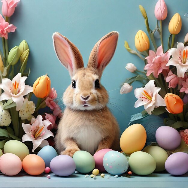 een konijn zit voor met paaseieren en mooie bloemen op een lichtblauwe achtergrond