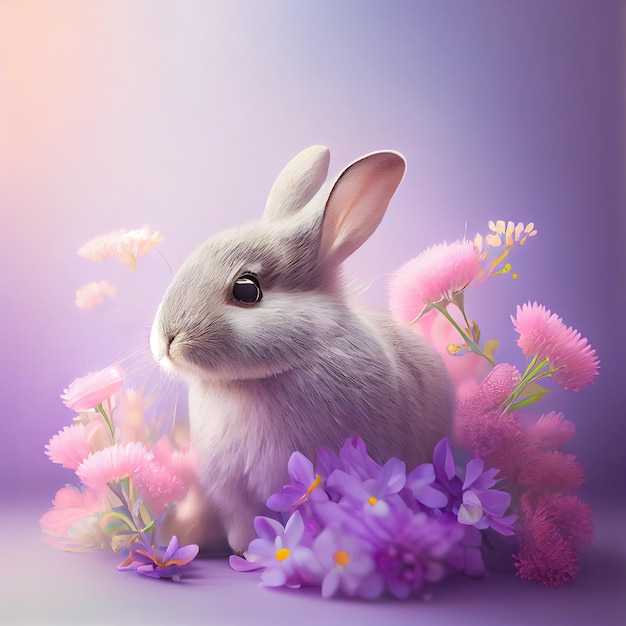Een konijntje met bloemen en planten