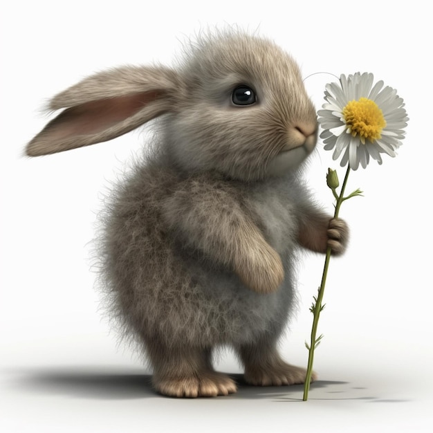 Een konijntje met een bloem in zijn bek