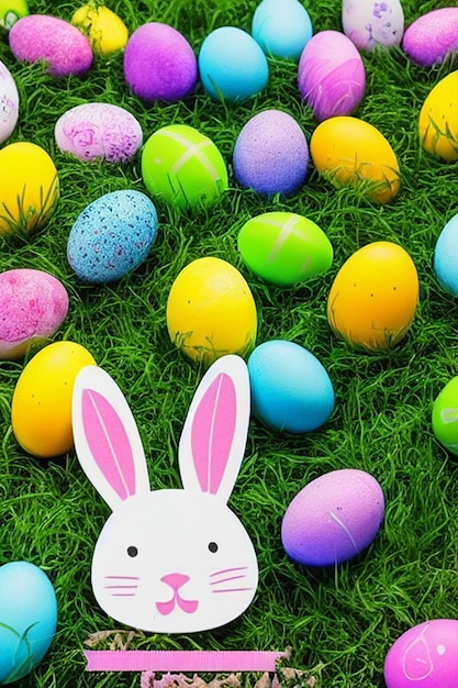 Een konijntje met een papierknipsel zit in het gras naast kleurrijke paaseieren.
