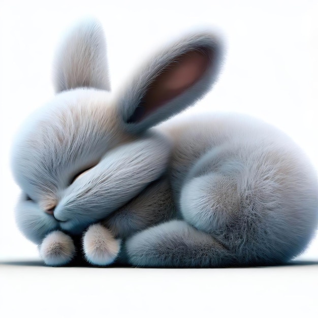 Een konijntje met grote oren slaapt op een witte achtergrond.