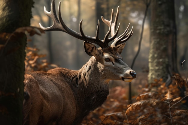 Een koninklijk hert met een groot gewei in het bos dat AI heeft gegenereerd