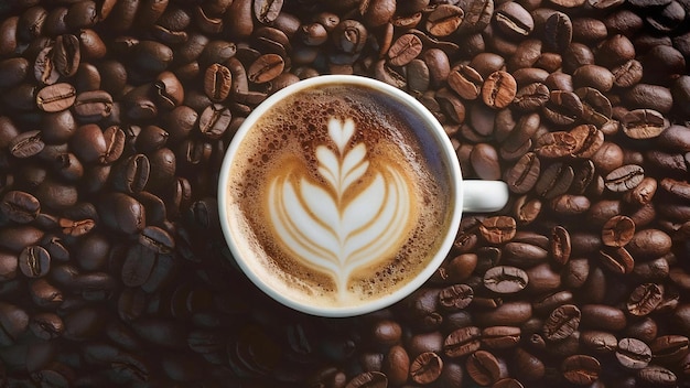 Een kop cappuccino met koffiebonen eromheen.