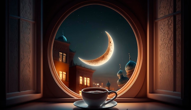 Een kop hete thee op de vensterbanken Uitzicht vanuit het raam Halve maan van de heilige maand Ramadan 's nachts Generatieve AI