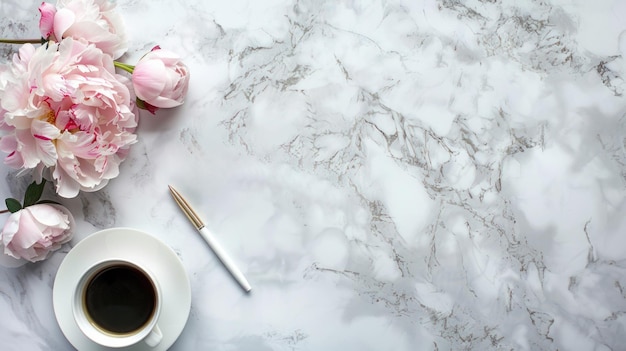 Een kop koffie een telefoon een kogelpen en een pioenbloem liggen op een witte marmeren tafel