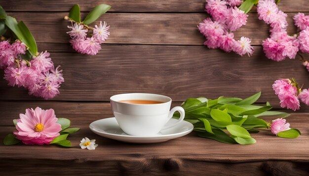 een kop koffie en een bord met een bloem erop