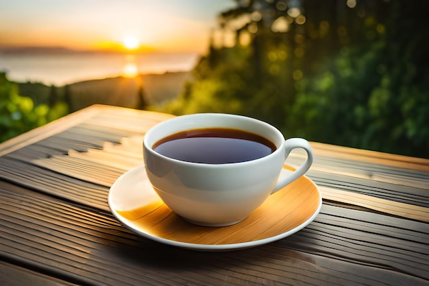 een kop koffie en een bord met een kop koffie op een tafel