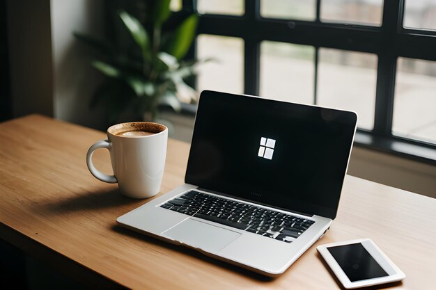 Een kop koffie en een laptop.