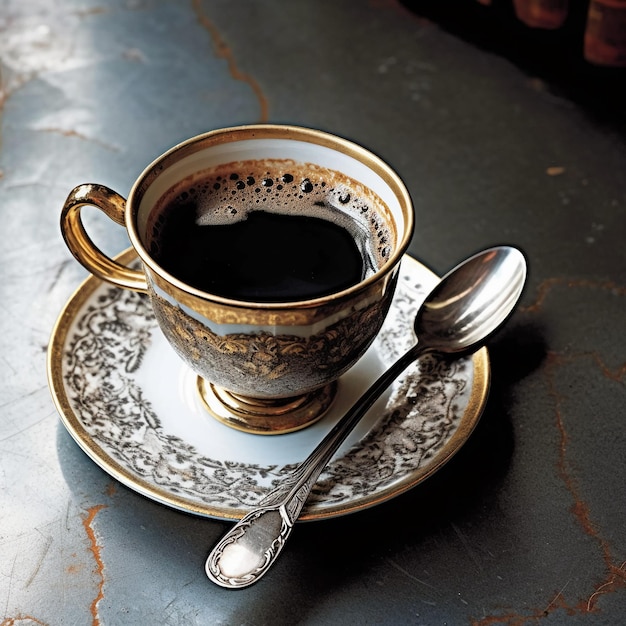 Een kop koffie en een lepel staan op een schoteltje met een gouden rand.