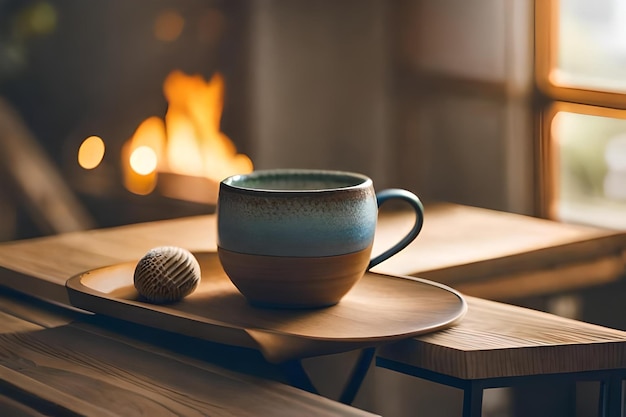 Foto een kop koffie en een microfoon op een tafel voor een open haard.