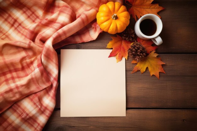 Foto een kop koffie en een notitieboek op een tafel met herfstbladeren generatieve ai