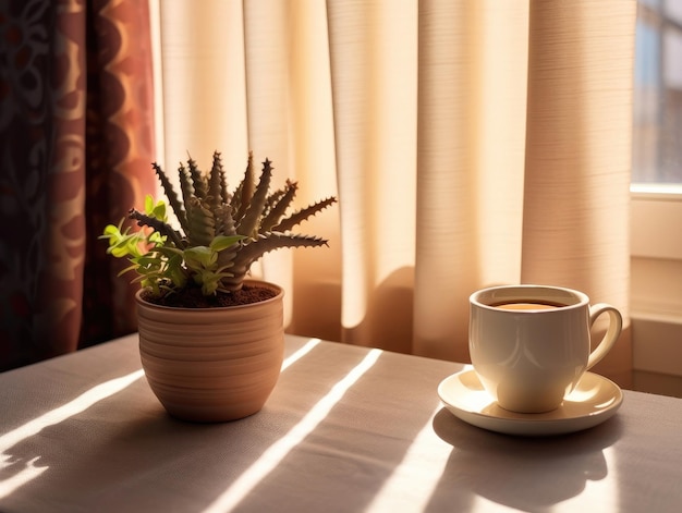Een kop koffie en een pot cactus op de tafel bij het raam een raam met een helder licht dat door het raam schijnt Generatieve AI