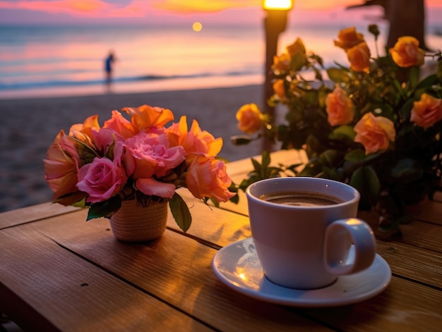 Een kop koffie en een vaas met bloemen op de houten tafel voor het strand in een vanilleachtige avondatmosfeer Generatieve AI