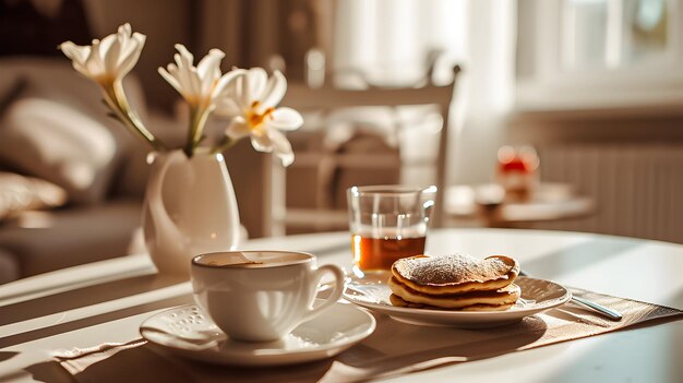 Een kop koffie en pannenkoeken op het houten dienblad Romantisch ontbijt in bed Valentijnsdag concept