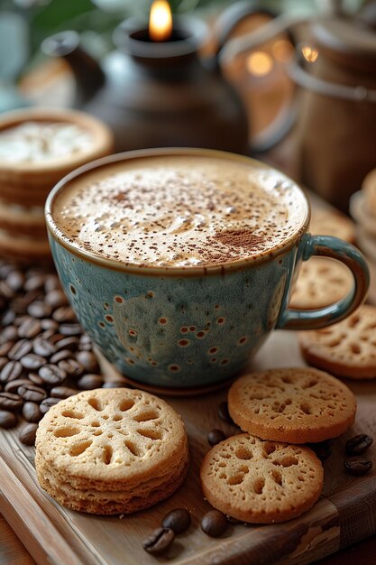 Een kop koffie gemaakt door het malen van koffiebonen wordt op de werkbank van de koffiewinkel geplaatst