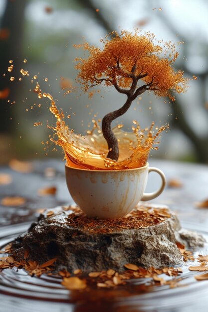 Een kop koffie geschreven in een surrealistische driedimensionale achtergrond 3D-illustratie