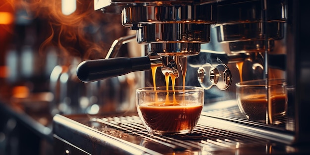 Een kop koffie in een koffiemachine die koffie bereidt close-up foto van hoge kwaliteit Generatieve AI