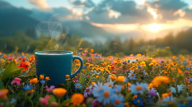 Foto een kop koffie in een veld van bloemen