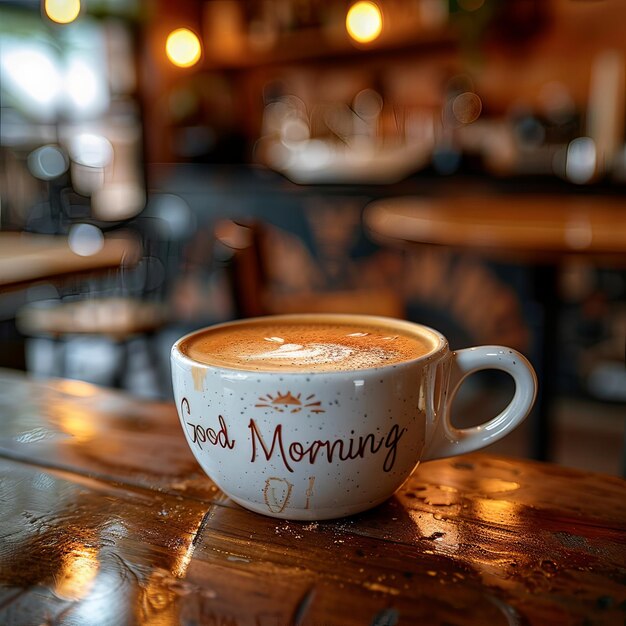 een kop koffie met de woorden goedemorgen aan de zijkant