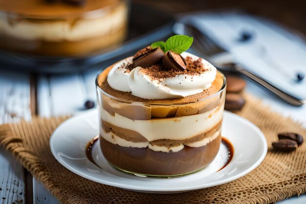 een kop koffie met een chocolade bedekt dessert op de top