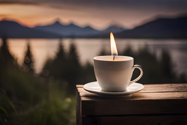 een kop koffie met een kaars op de tafel