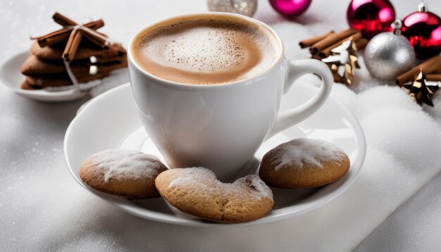 Een kop koffie met een koekje op een bord.