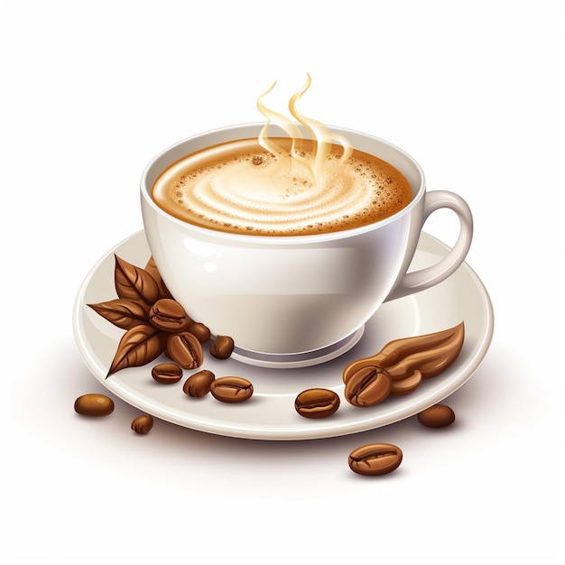 Een kop koffie met een latte erop en een paar koffiebonen op het bord.