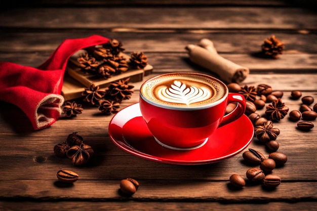 een kop koffie met een rood lint er bovenop en koffiebonen op een houten tafel