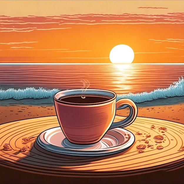 Een kop koffie met een zonsondergang op de achtergrond voor het vieren van koffie dag