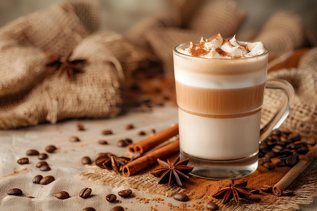 Een kop koffie met kaneel en ster anijs op een tafel met koffiebonen en kaneel stokken op de