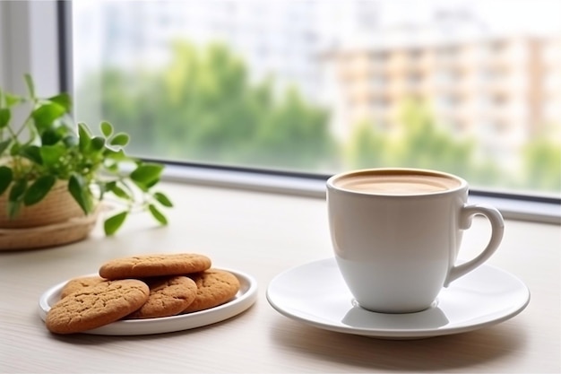 Een kop koffie met koekjes op tafel in de kamer.