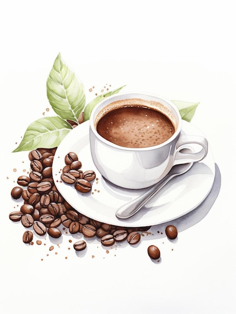 Een kop koffie met koffiebonen en een kop koffie.