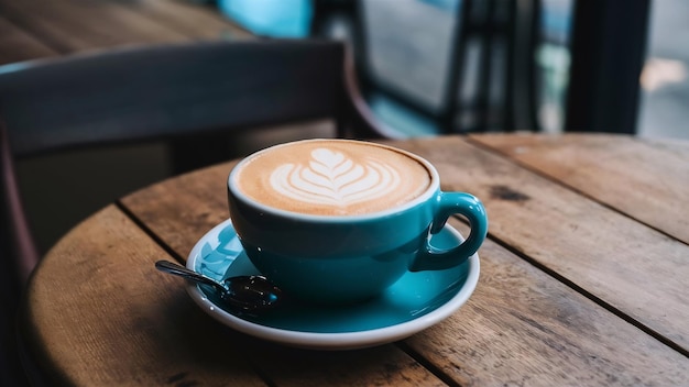 Een kop koffie met latte op een houten tafel in een koffieshop.