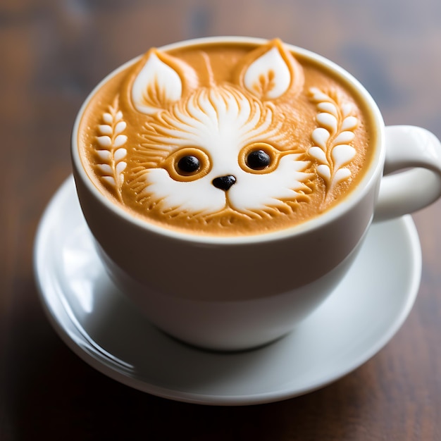 Een kop koffie met schattige dieren hond latte kunst