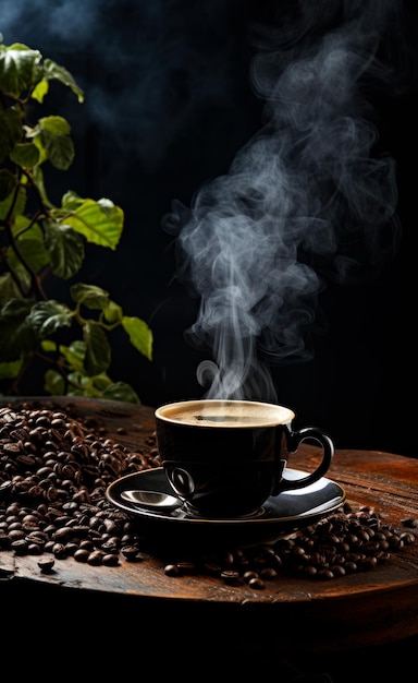 Een kop koffie met stoom die eruit stijgt Koffie behang met stoomende koffiebonen