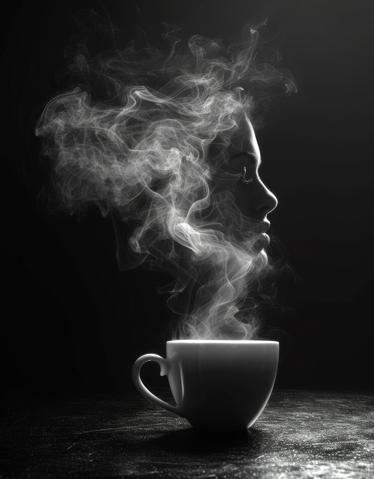 Foto een kop koffie met stoom met een meisjesgezicht daarboven.